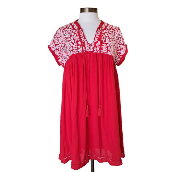 J MARIE Red Floral Embroidered Mini Dress Size Small Boho Boxy - Picture 1 of 9